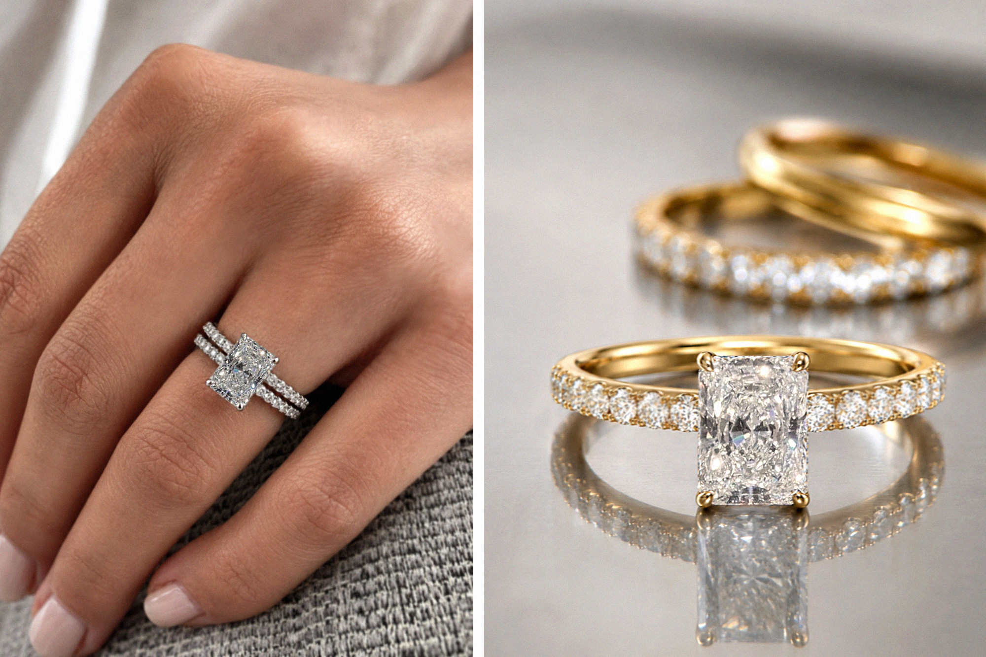 Rectangle cut fine diamond engagement rings worn on fingers | Lena Cohen Fine Jewellery London