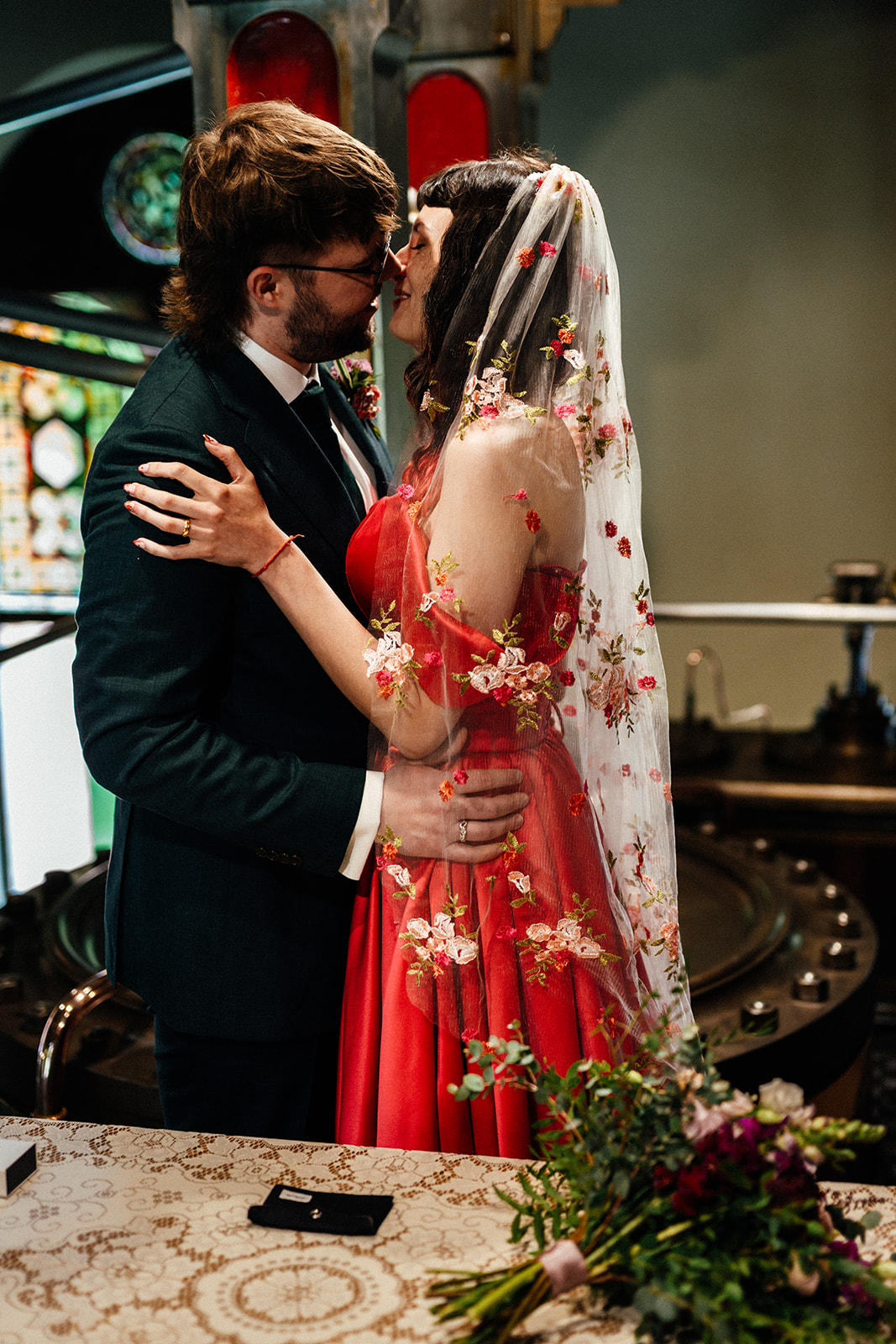 alternative wedding couple embrace | film wedding photography at Papplewick Pumping House with Simon Dewey Photography