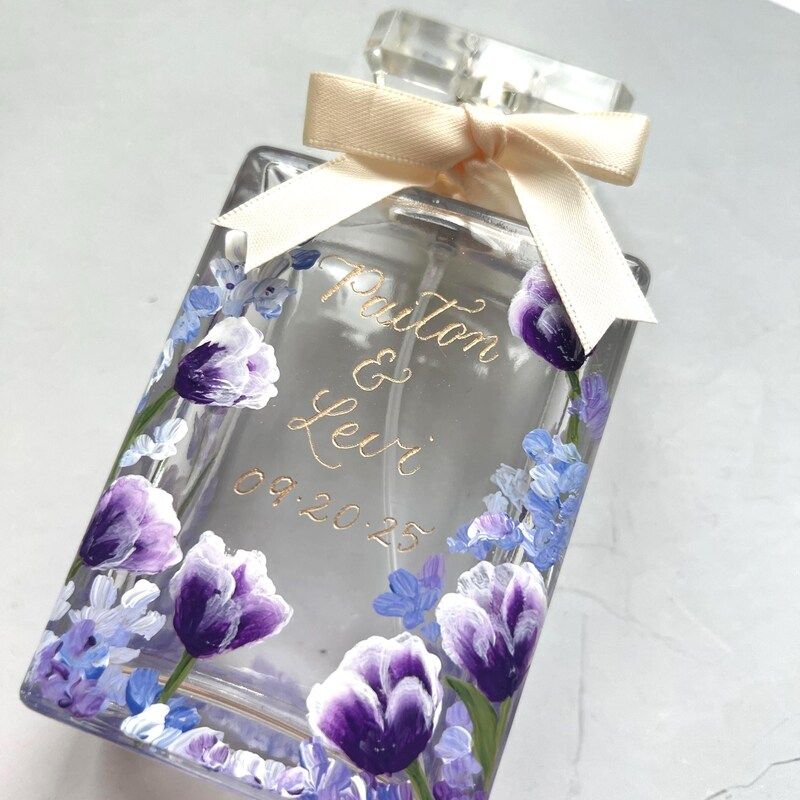 Hand painted perfume bottle with purple flowers and gold engraving | Fluid Calligraphy